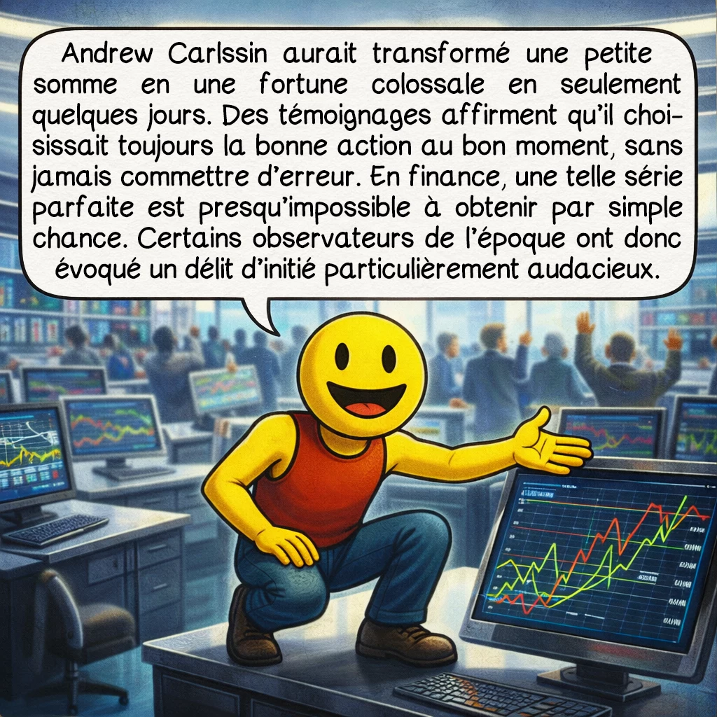 Andrew Carlssin, case 2 : Andrew Carlssin aurait transformé une petite somme en une fortune colossale en seulement quelques jours. Des témoignages affirment qu’il choisissait toujours la bonne action au bon moment, sans jamais commettre d’erreur. En finance, une telle série parfaite est presqu’impossible à obtenir par simple chance. Certains observateurs de l’époque ont donc évoqué un délit d’initié particulièrement audacieux.