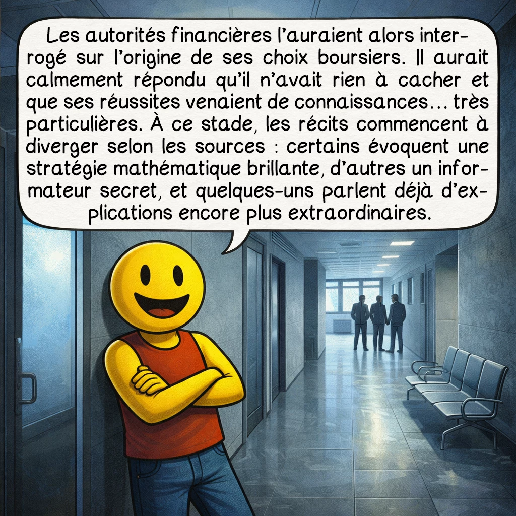 Andrew Carlssin, case 3 : Les autorités financières l’auraient alors interrogé sur l’origine de ses choix boursiers. Il aurait calmement répondu qu’il n’avait rien à cacher et que ses réussites venaient de connaissances… très particulières. À ce stade, les récits commencent à diverger selon les sources : certains évoquent une stratégie mathématique brillante, d’autres un informateur secret, et quelques-uns parlent déjà d’explications encore plus extraordinaires.