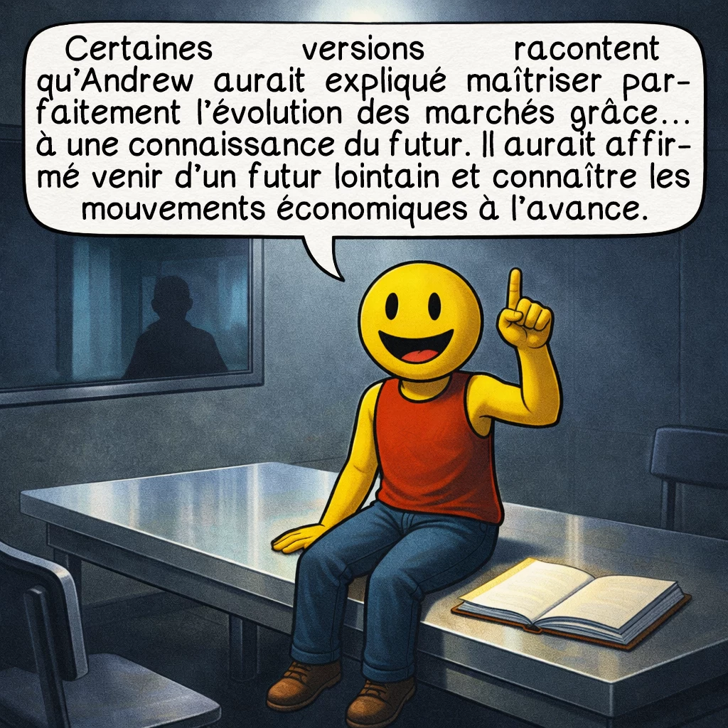 Andrew Carlssin, case 4 : Certaines versions racontent qu’Andrew aurait expliqué maîtriser parfaitement l’évolution des marchés grâce… à une connaissance du futur. Il aurait affirmé venir d’un futur lointain et connaître les mouvements économiques à l’avance.