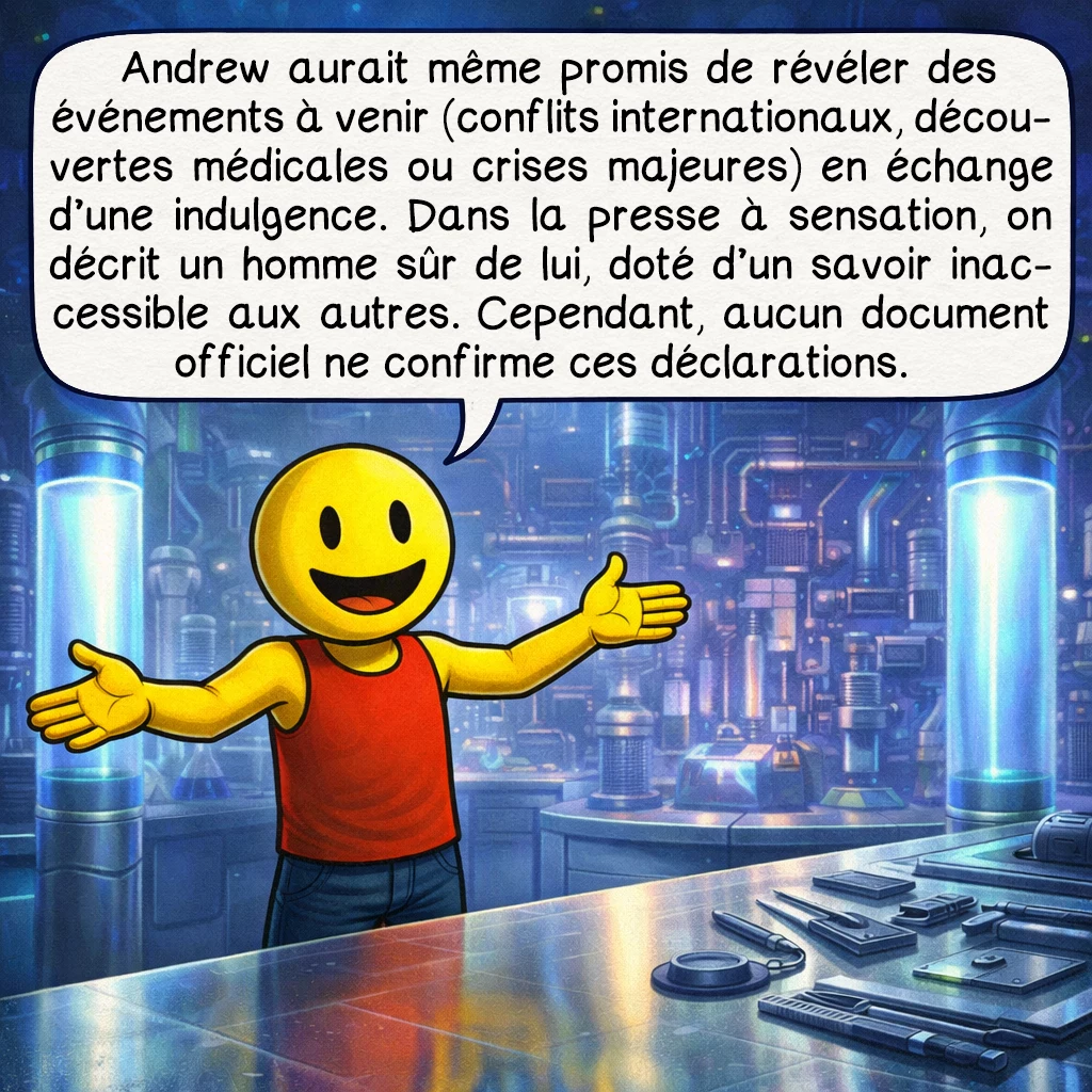 Andrew Carlssin, case 5 : Andrew aurait même promis de révéler des événements à venir (conflits internationaux, découvertes médicales ou crises majeures) en échange d’une indulgence. Dans la presse à sensation, on décrit un homme sûr de lui, doté d’un savoir inaccessible aux autres. Cependant, aucun document officiel ne confirme ces déclarations.