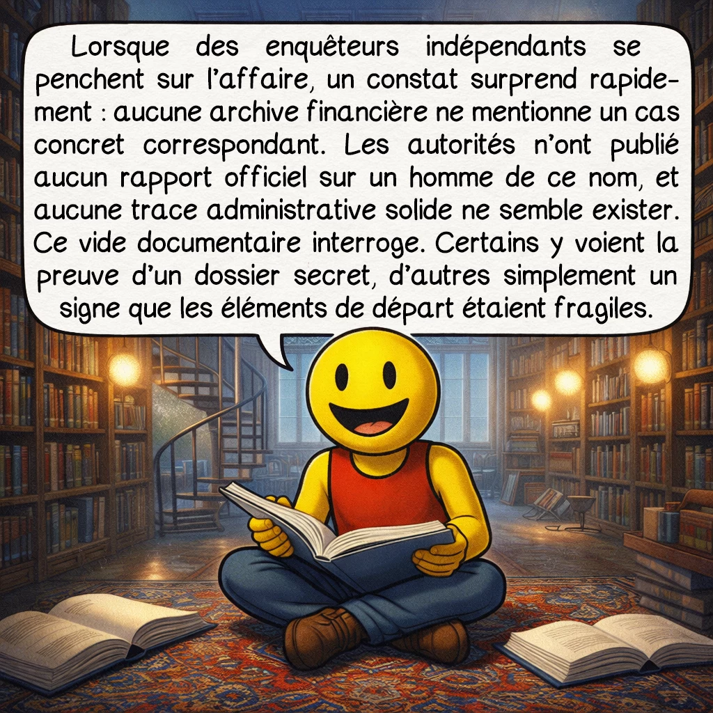 Andrew Carlssin, case 6 : Lorsque des enquêteurs indépendants se penchent sur l’affaire, un constat surprend rapidement : aucune archive financière ne mentionne un cas concret correspondant. Les autorités n’ont publié aucun rapport officiel sur un homme de ce nom, et aucune trace administrative solide ne semble exister. Ce vide documentaire interroge. Certains y voient la preuve d’un dossier secret, d’autres simplement un signe que les éléments de départ étaient fragiles.