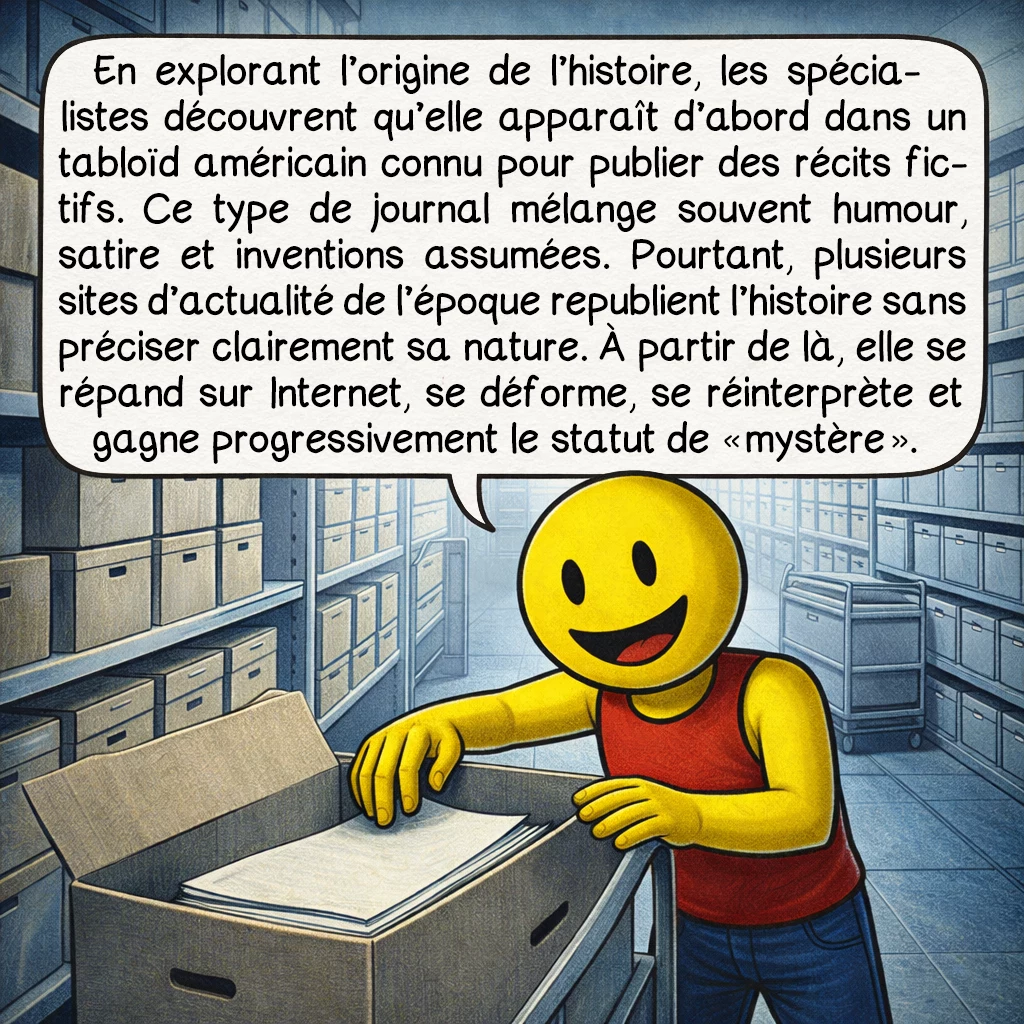 Andrew Carlssin, case 7 : En explorant l’origine de l’histoire, les spécialistes découvrent qu’elle apparaît d’abord dans un tabloïd américain connu pour publier des récits fictifs. Ce type de journal mélange souvent humour, satire et inventions assumées. Pourtant, plusieurs sites d’actualité de l’époque republient l’histoire sans préciser clairement sa nature. À partir de là, elle se répand sur Internet, se déforme, se réinterprète et gagne progressivement le statut de « mystère ».