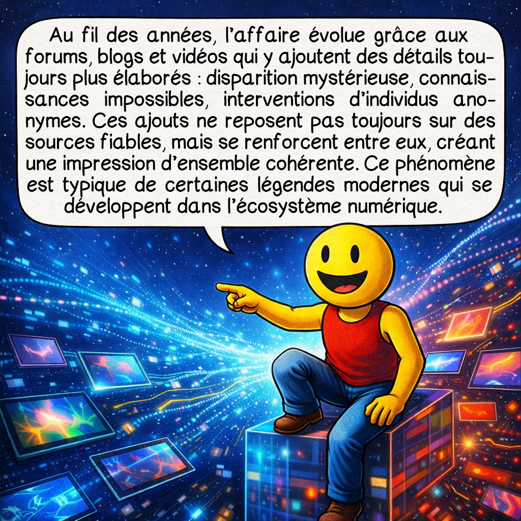 Andrew Carlssin, case 8 : Au fil des années, l’affaire évolue grâce aux forums, blogs et vidéos qui y ajoutent des détails toujours plus élaborés : disparition mystérieuse, connaissances impossibles, interventions d’individus anonymes. Ces ajouts ne reposent pas toujours sur des sources fiables, mais se renforcent entre eux, créant une impression d’ensemble cohérente. Ce phénomène est typique de certaines légendes modernes qui se développent dans l’écosystème numérique.
