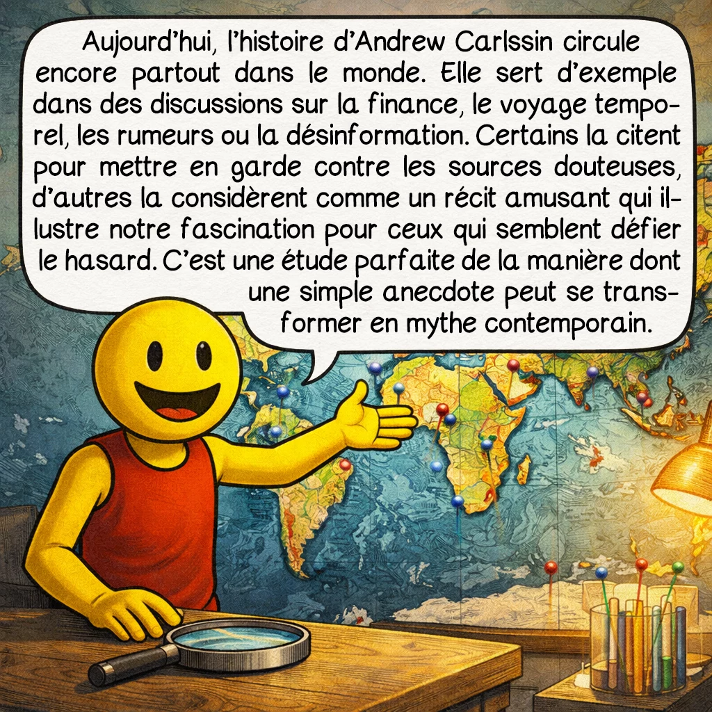 Andrew Carlssin, case 9 : Aujourd’hui, l’histoire d’Andrew Carlssin circule encore partout dans le monde. Elle sert d’exemple dans des discussions sur la finance, le voyage temporel, les rumeurs ou la désinformation. Certains la citent pour mettre en garde contre les sources douteuses, d’autres la considèrent comme un récit amusant qui illustre notre fascination pour ceux qui semblent défier le hasard. C’est une étude parfaite de la manière dont une simple anecdote peut se transformer en mythe contemporain.