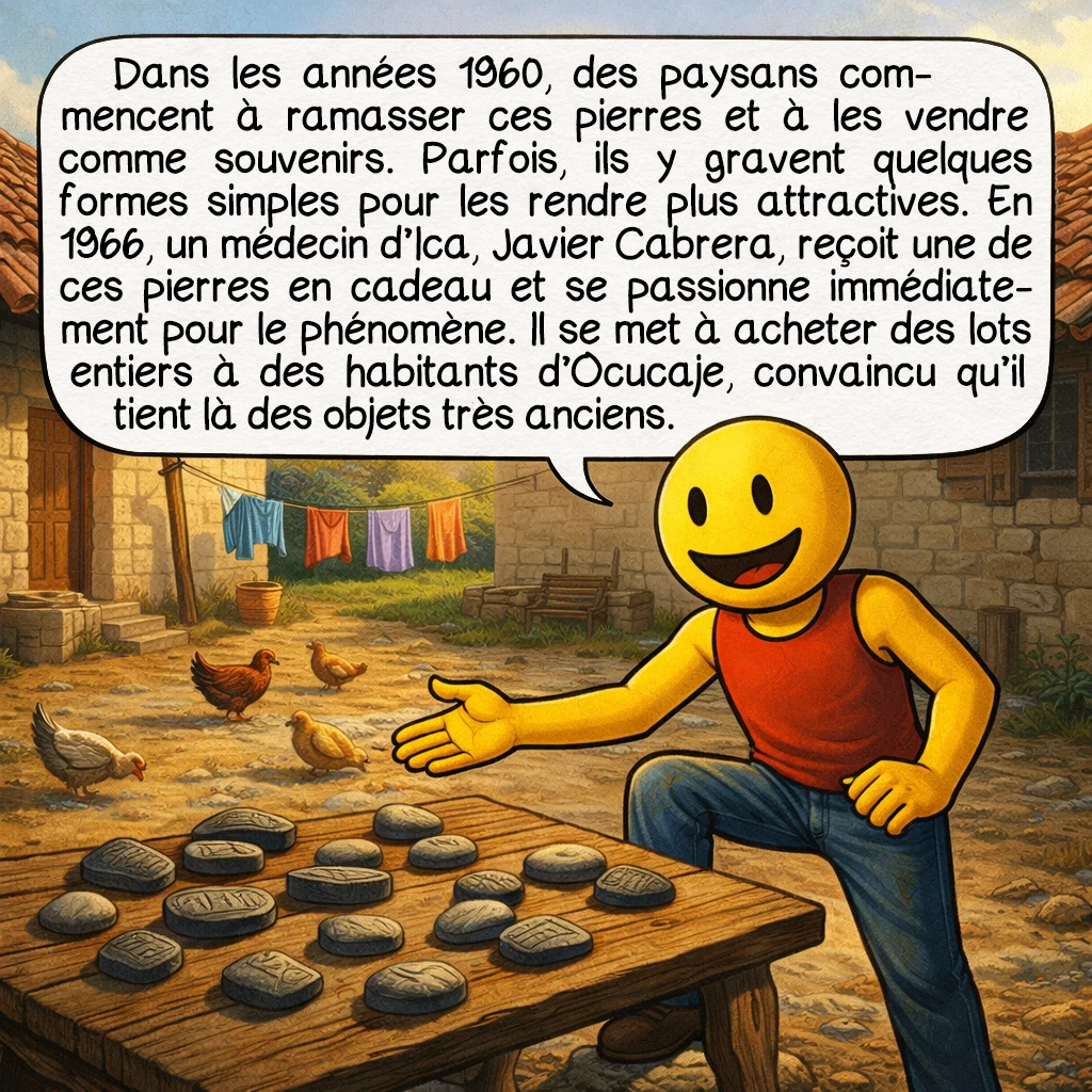 Les pierres d'Ica, case 2 : Dans les années 1960, des paysans commencent à ramasser ces pierres et à les vendre comme souvenirs. Parfois, ils y gravent quelques formes simples pour les rendre plus attractives. En 1966, un médecin d’Ica, Javier Cabrera, reçoit une de ces pierres en cadeau et se passionne immédiatement pour le phénomène. Il se met à acheter des lots entiers à des habitants d’Ocucaje, convaincu qu’il tient là des objets très anciens.