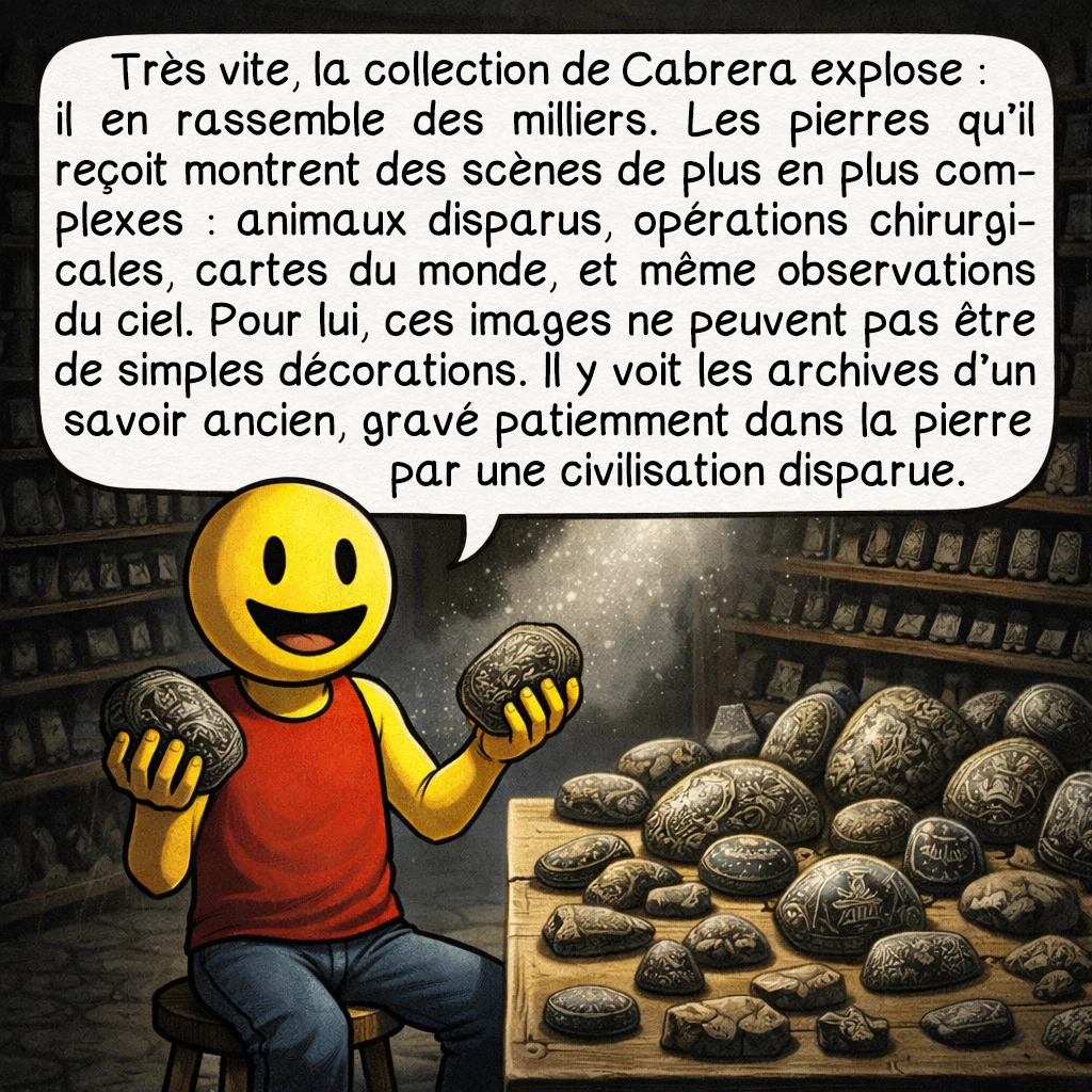 Les pierres d'Ica, case 3 : Très vite, la collection de Cabrera explose : il en rassemble des milliers. Les pierres qu’il reçoit montrent des scènes de plus en plus complexes : animaux disparus, opérations chirurgicales, cartes du monde, et même observations du ciel. Pour lui, ces images ne peuvent pas être de simples décorations. Il y voit les archives d’un savoir ancien, gravé patiemment dans la pierre par une civilisation disparue.