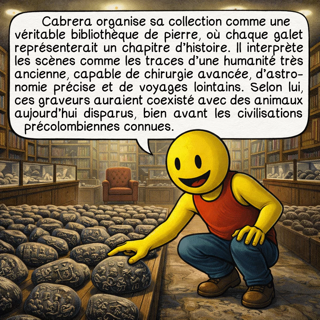 Les pierres d'Ica, case 4 : Cabrera organise sa collection comme une véritable bibliothèque de pierre, où chaque galet représenterait un chapitre d’histoire. Il interprète les scènes comme les traces d’une humanité très ancienne, capable de chirurgie avancée, d’astronomie précise et de voyages lointains. Selon lui, ces graveurs auraient coexisté avec des animaux aujourd’hui disparus, bien avant les civilisations précolombiennes connues.