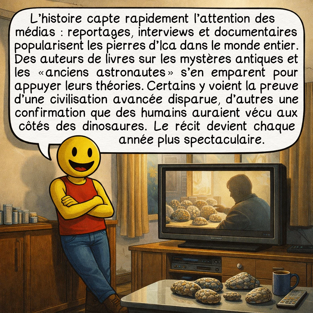 Les pierres d'Ica, case 5 : L’histoire capte rapidement l’attention des médias : reportages, interviews et documentaires popularisent les pierres d’Ica dans le monde entier. Des auteurs de livres sur les mystères antiques et les « anciens astronautes » s’en emparent pour appuyer leurs théories. Certains y voient la preuve d’une civilisation avancée disparue, d’autres une confirmation que des humains auraient vécu aux côtés des dinosaures. Le récit devient chaque année plus spectaculaire.