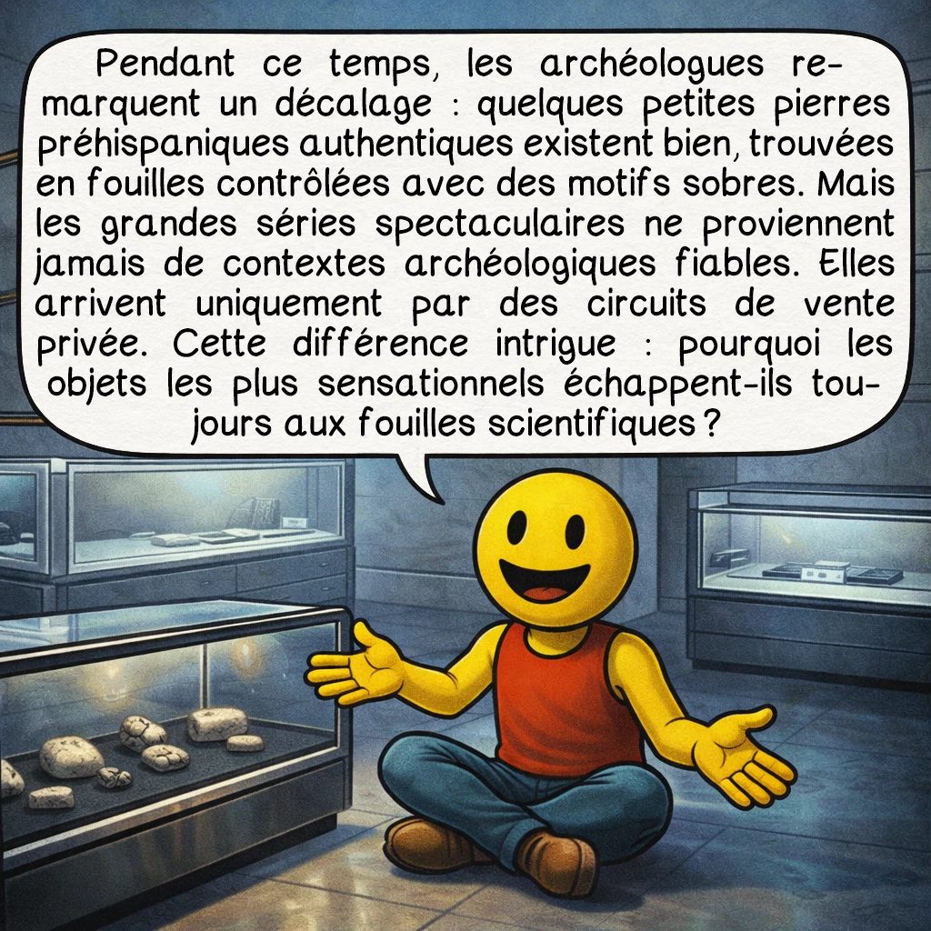 Les pierres d'Ica, case 6 : Pendant ce temps, les archéologues remarquent un décalage : quelques petites pierres préhispaniques authentiques existent bien, trouvées en fouilles contrôlées avec des motifs sobres. Mais les grandes séries spectaculaires ne proviennent jamais de contextes archéologiques fiables. Elles arrivent uniquement par des circuits de vente privée. Cette différence intrigue : pourquoi les objets les plus sensationnels échappent-ils toujours aux fouilles scientifiques ?
