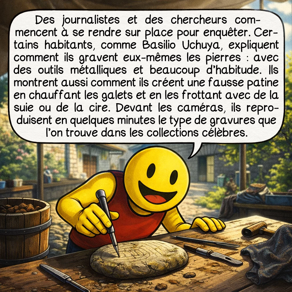 Les pierres d'Ica, case 7 : Des journalistes et des chercheurs commencent à se rendre sur place pour enquêter. Certains habitants, comme Basilio Uchuya, expliquent comment ils gravent eux-mêmes les pierres : avec des outils métalliques et beaucoup d’habitude. Ils montrent aussi comment ils créent une fausse patine en chauffant les galets et en les frottant avec de la suie ou de la cire. Devant les caméras, ils reproduisent en quelques minutes le type de gravures que l’on trouve dans les collections célèbres.