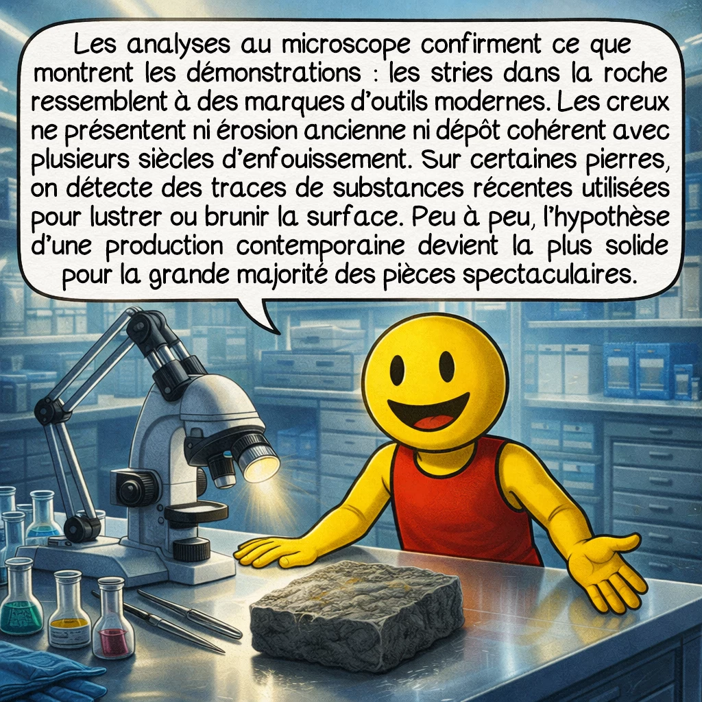 Les pierres d'Ica, case 8 : Les analyses au microscope confirment ce que montrent les démonstrations : les stries dans la roche ressemblent à des marques d’outils modernes. Les creux ne présentent ni érosion ancienne ni dépôt cohérent avec plusieurs siècles d’enfouissement. Sur certaines pierres, on détecte des traces de substances récentes utilisées pour lustrer ou brunir la surface. Peu à peu, l’hypothèse d’une production contemporaine devient la plus solide pour la grande majorité des pièces spectaculaires.