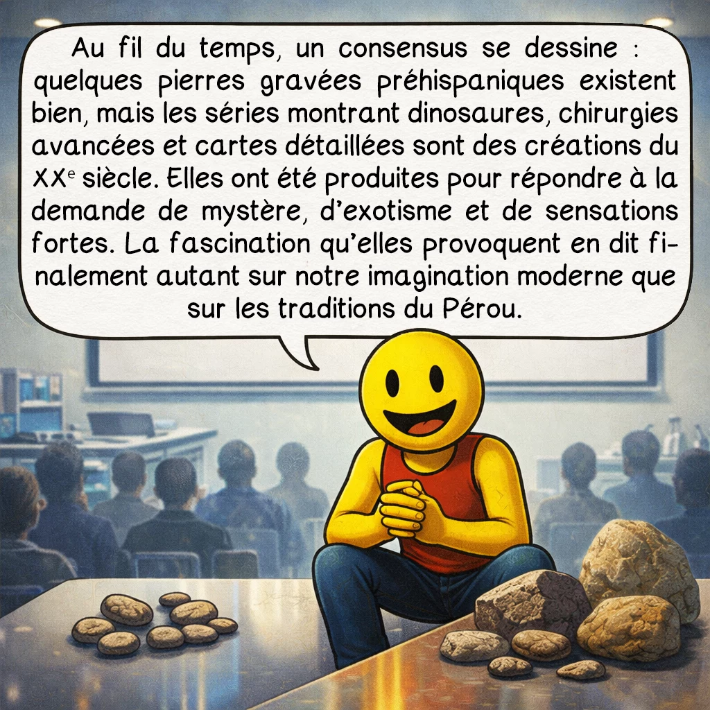 Les pierres d'Ica, case 9 : Au fil du temps, un consensus se dessine : quelques pierres gravées préhispaniques existent bien, mais les séries montrant dinosaures, chirurgies avancées et cartes détaillées sont des créations du XXᵉ siècle. Elles ont été produites pour répondre à la demande de mystère, d’exotisme et de sensations fortes. La fascination qu’elles provoquent en dit finalement autant sur notre imagination moderne que sur les traditions du Pérou.