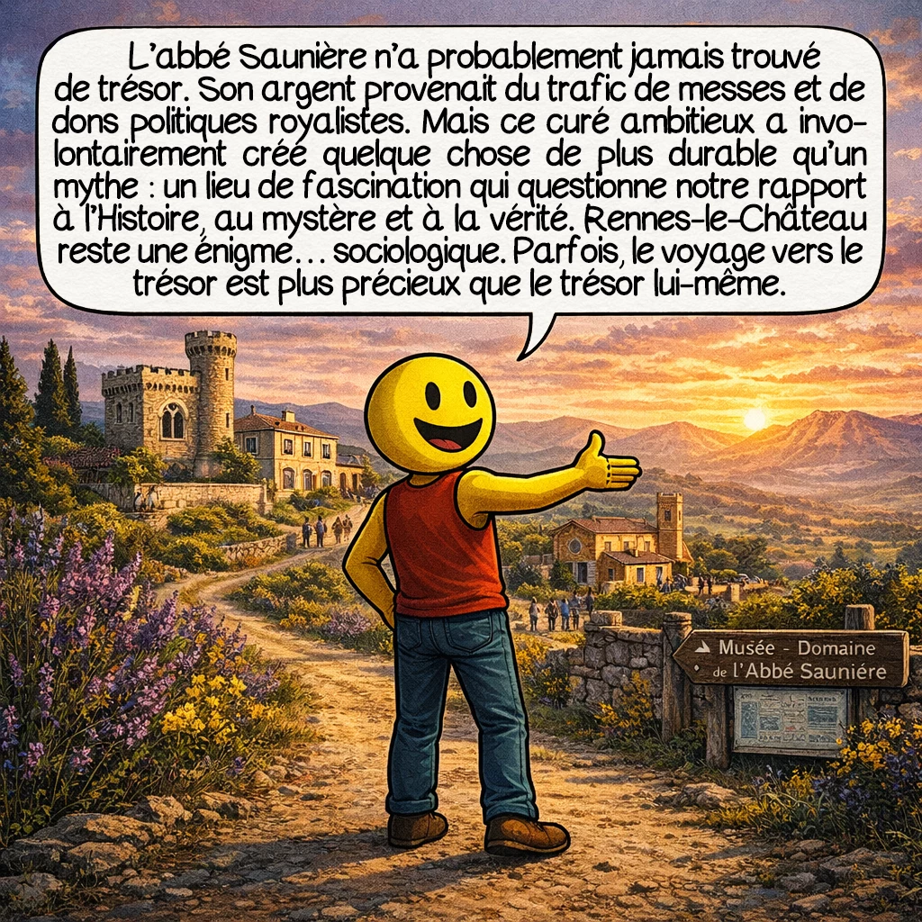 L'abbé Saunière, case 10 : L’abbé Saunière n’a probablement jamais trouvé de trésor. Son argent provenait du trafic de messes et de dons politiques royalistes. Mais ce curé ambitieux a involontairement créé quelque chose de plus durable qu’un mythe : un lieu de fascination qui questionne notre rapport à l’Histoire, au mystère et à la vérité. Rennes-le-Château reste une énigme… sociologique. Parfois, le voyage vers le trésor est plus précieux que le trésor lui-même.