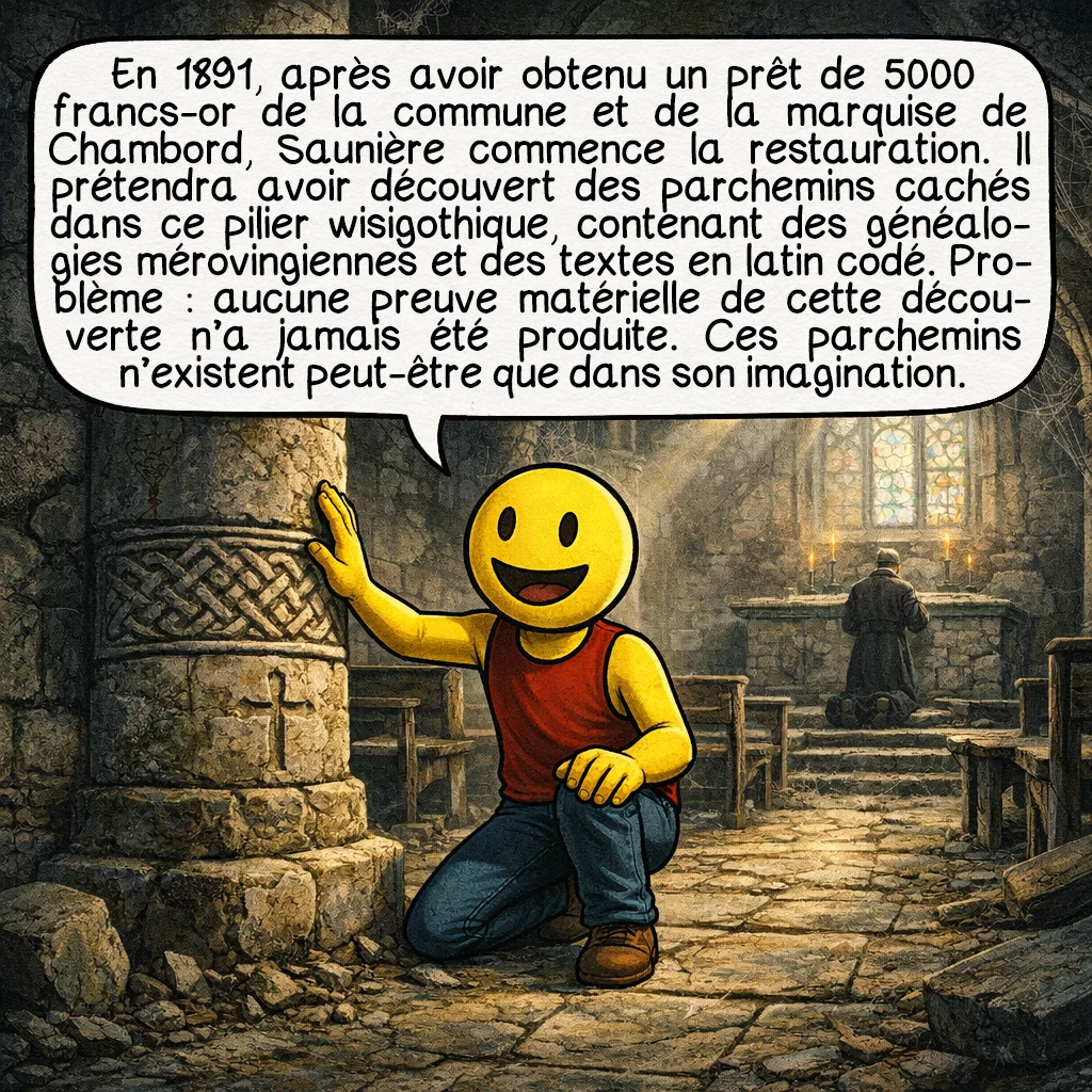L'abbé Saunière, case 2 : En 1891, après avoir obtenu un prêt de 5000 francs-or de la commune et de la marquise de Chambord, Saunière commence la restauration. Il prétendra avoir découvert des parchemins cachés dans ce pilier wisigothique, contenant des généalogies mérovingiennes et des textes en latin codé. Problème : aucune preuve matérielle de cette découverte n’a jamais été produite. Ces parchemins n’existent peut-être que dans son imagination.