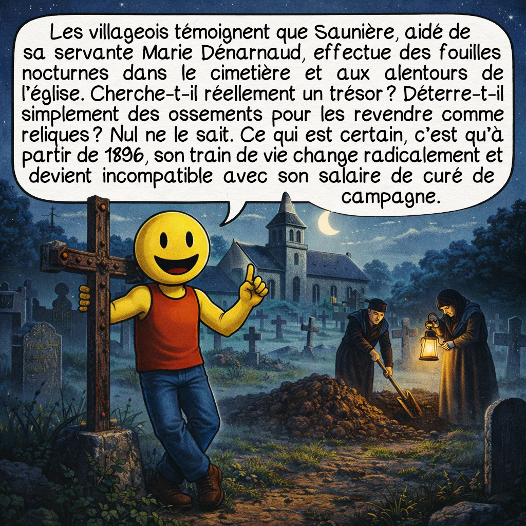L'abbé Saunière, case 3 : Les villageois témoignent que Saunière, aidé de sa servante Marie Dénarnaud, effectue des fouilles nocturnes dans le cimetière et aux alentours de l’église. Cherche-t-il réellement un trésor ? Déterre-t-il simplement des ossements pour les revendre comme reliques ? Nul ne le sait. Ce qui est certain, c’est qu’à partir de 1896, son train de vie change radicalement et devient incompatible avec son salaire de curé de campagne.