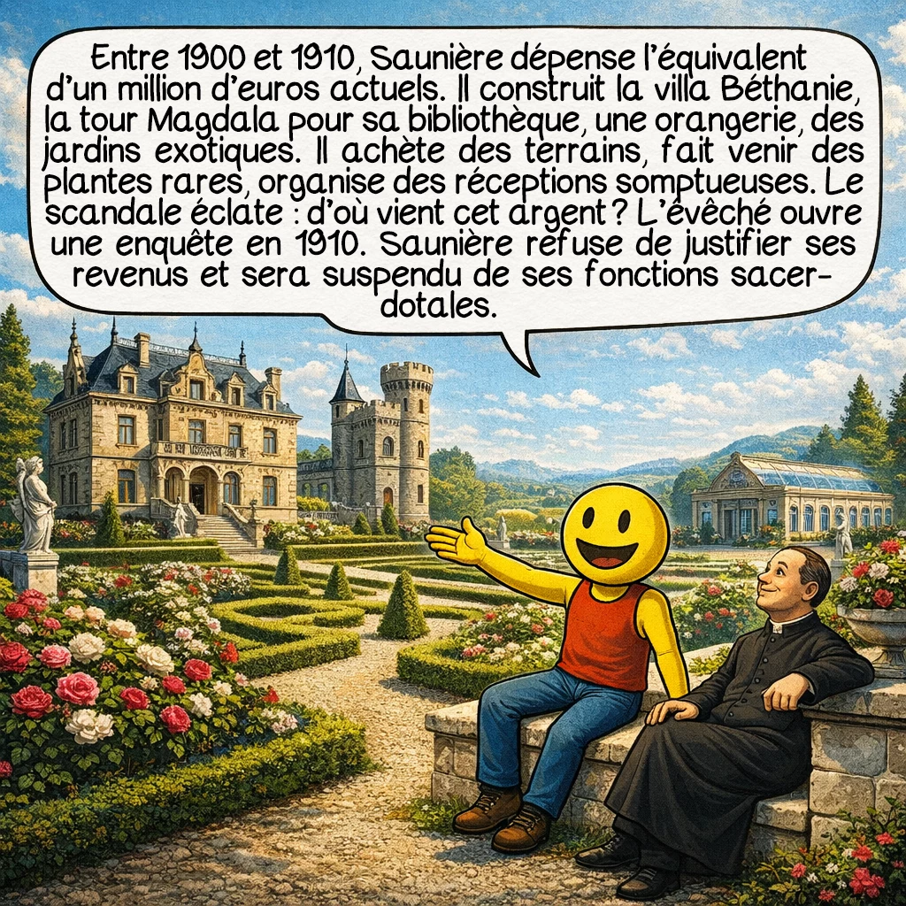 L'abbé Saunière, case 4 : Entre 1900 et 1910, Saunière dépense l’équivalent d’un million d’euros actuels. Il construit la villa Béthanie, la tour Magdala pour sa bibliothèque, une orangerie, des jardins exotiques. Il achète des terrains, fait venir des plantes rares, organise des réceptions somptueuses. Le scandale éclate : d’où vient cet argent ? L’évêché ouvre une enquête en 1910. Saunière refuse de justifier ses revenus et sera suspendu de ses fonctions sacerdotales.