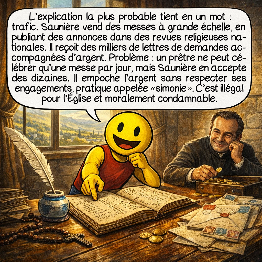 L'abbé Saunière, case 5 : L’explication la plus probable tient en un mot : trafic. Saunière vend des messes à grande échelle, en publiant des annonces dans des revues religieuses nationales. Il reçoit des milliers de lettres de demandes accompagnées d’argent. Problème : un prêtre ne peut célébrer qu’une messe par jour, mais Saunière en accepte des dizaines. Il empoche l’argent sans respecter ses engagements, pratique appelée « simonie ». C’est illégal pour l’Église et moralement condamnable.