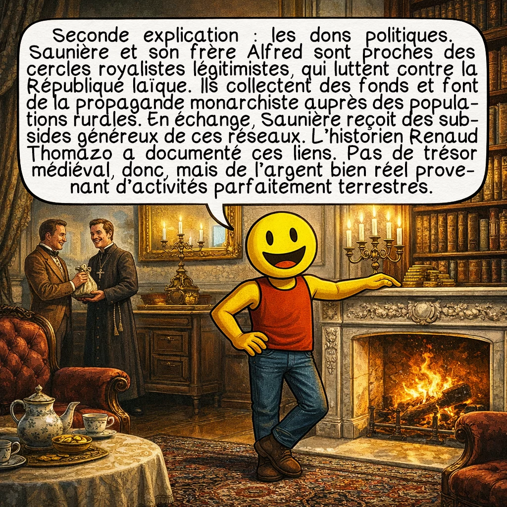 L'abbé Saunière, case 6 : Seconde explication : les dons politiques. Saunière et son frère Alfred sont proches des cercles royalistes légitimistes, qui luttent contre la République laïque. Ils collectent des fonds et font de la propagande monarchiste auprès des populations rurales. En échange, Saunière reçoit des subsides généreux de ces réseaux. L’historien Renaud Thomazo a documenté ces liens. Pas de trésor médiéval, donc, mais de l’argent bien réel provenant d’activités parfaitement terrestres.