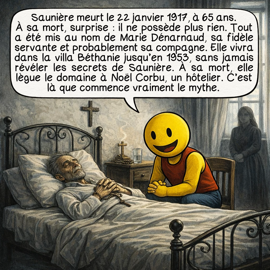 L'abbé Saunière, case 7 : Saunière meurt le 22 janvier 1917, à 65 ans. À sa mort, surprise : il ne possède plus rien. Tout a été mis au nom de Marie Dénarnaud, sa fidèle servante et probablement sa compagne. Elle vivra dans la villa Béthanie jusqu’en 1953, sans jamais révéler les secrets de Saunière. À sa mort, elle lègue le domaine à Noël Corbu, un hôtelier. C’est là que commence vraiment le mythe.