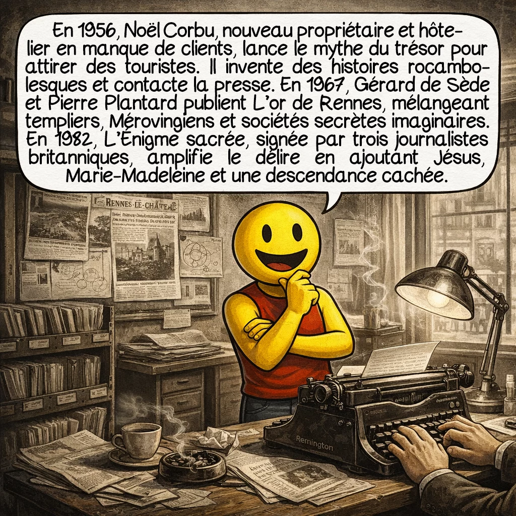 L'abbé Saunière, case 8 : En 1956, Noël Corbu, nouveau propriétaire et hôtelier en manque de clients, lance le mythe du trésor pour attirer des touristes. Il invente des histoires rocambolesques et contacte la presse. En 1967, Gérard de Sède et Pierre Plantard publient L’or de Rennes, mélangeant templiers, Mérovingiens et sociétés secrètes imaginaires. En 1982, L’Énigme sacrée, signée par trois journalistes britanniques, amplifie le délire en ajoutant Jésus, Marie-Madeleine et une descendance cachée.