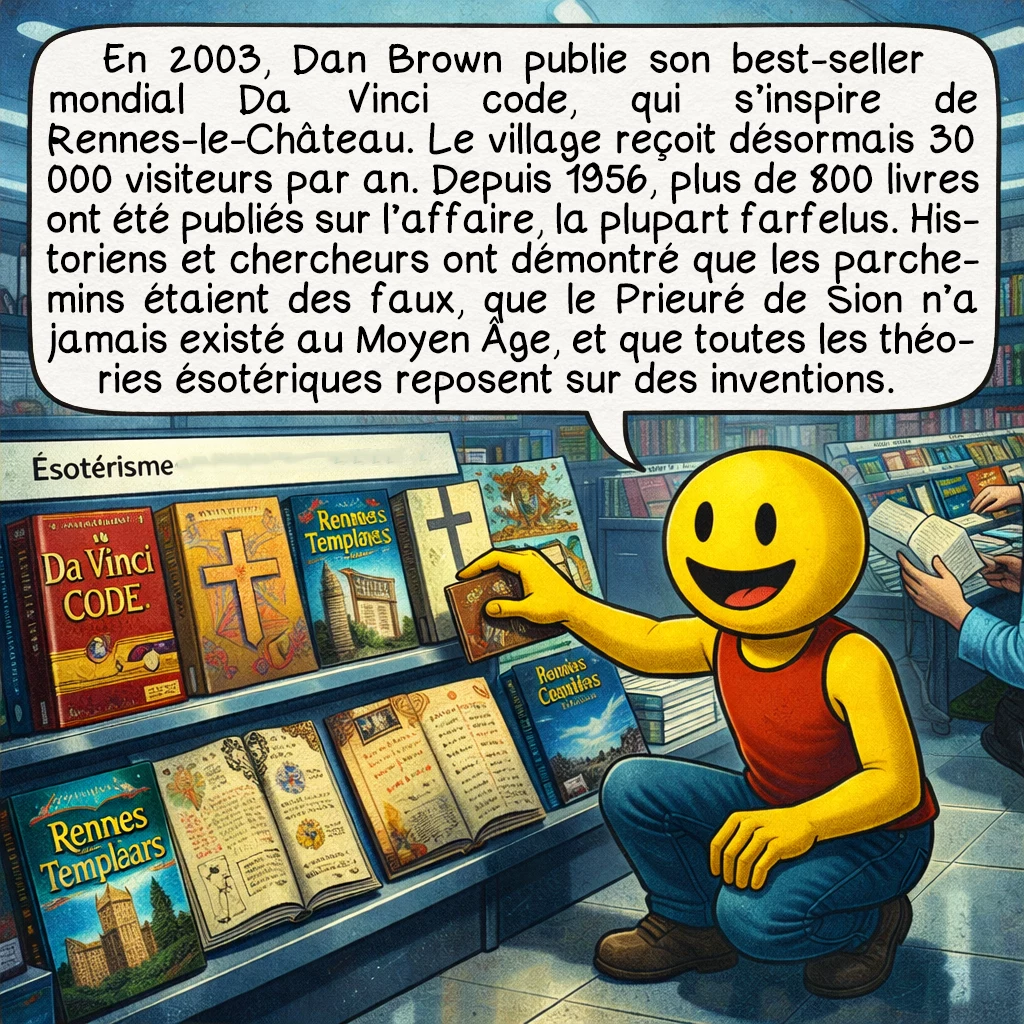 L'abbé Saunière, case 9 : En 2003, Dan Brown publie son best-seller mondial Da Vinci code, qui s’inspire de Rennes-le-Château. Le village reçoit désormais 30 000 visiteurs par an. Depuis 1956, plus de 800 livres ont été publiés sur l’affaire, la plupart farfelus. Historiens et chercheurs ont démontré que les parchemins étaient des faux, que le Prieuré de Sion n’a jamais existé au Moyen Âge, et que toutes les théories ésotériques reposent sur des inventions.