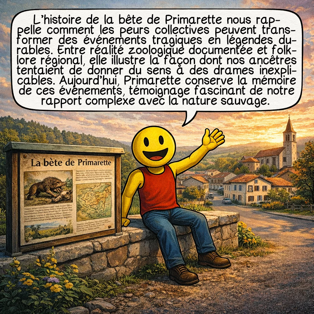La bête de Primarette, case 10 : L’histoire de la bête de Primarette nous rappelle comment les peurs collectives peuvent transformer des événements tragiques en légendes durables. Entre réalité zoologique documentée et folklore régional, elle illustre la façon dont nos ancêtres tentaient de donner du sens à des drames inexplicables. Aujourd’hui, Primarette conserve la mémoire de ces événements, témoignage fascinant de notre rapport complexe avec la nature sauvage.