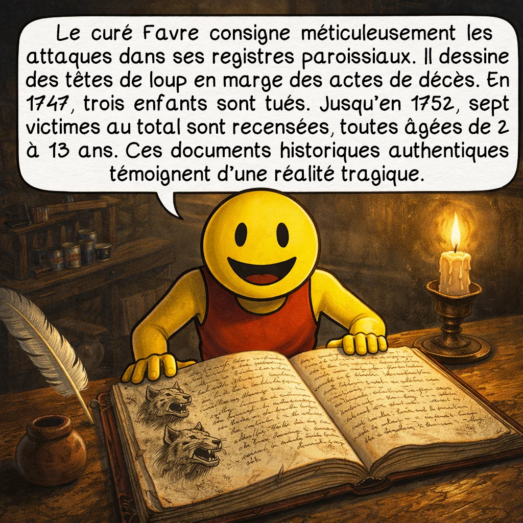 La bête de Primarette, case 3 : Le curé Favre consigne méticuleusement les attaques dans ses registres paroissiaux. Il dessine des têtes de loup en marge des actes de décès. En 1747, trois enfants sont tués. Jusqu’en 1752, sept victimes au total sont recensées, toutes âgées de 2 à 13 ans. Ces documents historiques authentiques témoignent d’une réalité tragique.