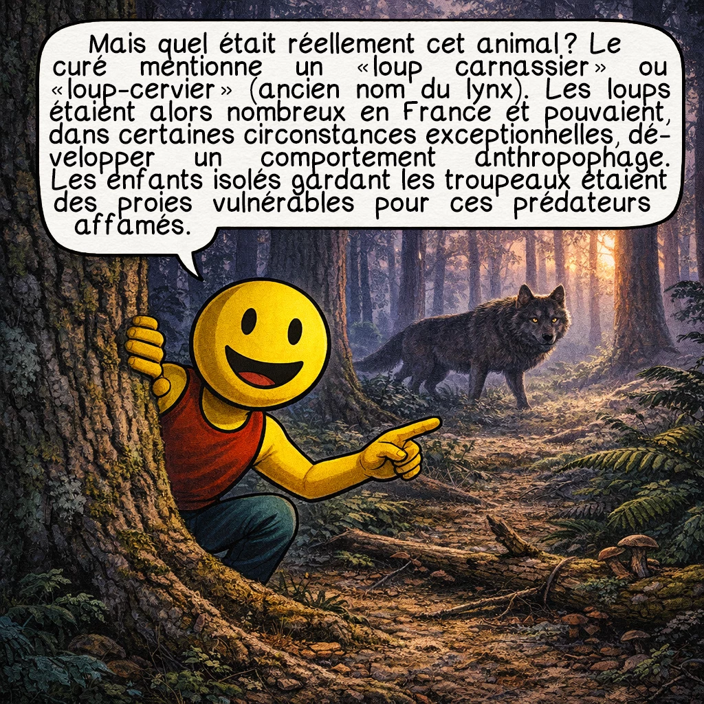 La bête de Primarette, case 4 : Mais quel était réellement cet animal ? Le curé mentionne un « loup carnassier » ou « loup-cervier » (ancien nom du lynx). Les loups étaient alors nombreux en France et pouvaient, dans certaines circonstances exceptionnelles, développer un comportement anthropophage. Les enfants isolés gardant les troupeaux étaient des proies vulnérables pour ces prédateurs affamés.