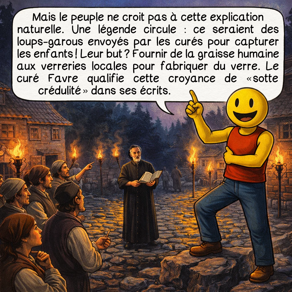 La bête de Primarette, case 5 : Mais le peuple ne croit pas à cette explication naturelle. Une légende circule : ce seraient des loups-garous envoyés par les curés pour capturer les enfants ! Leur but ? Fournir de la graisse humaine aux verreries locales pour fabriquer du verre. Le curé Favre qualifie cette croyance de « sotte crédulité » dans ses écrits.