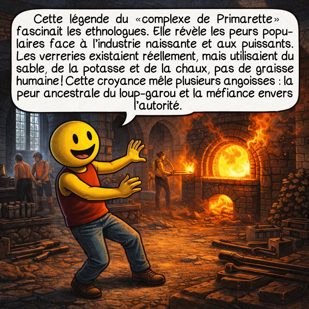 La bête de Primarette, case 6 : Cette légende du « complexe de Primarette » fascinait les ethnologues. Elle révèle les peurs populaires face à l’industrie naissante et aux puissants. Les verreries existaient réellement, mais utilisaient du sable, de la potasse et de la chaux, pas de graisse humaine ! Cette croyance mêle plusieurs angoisses : la peur ancestrale du loup-garou et la méfiance envers l’autorité.