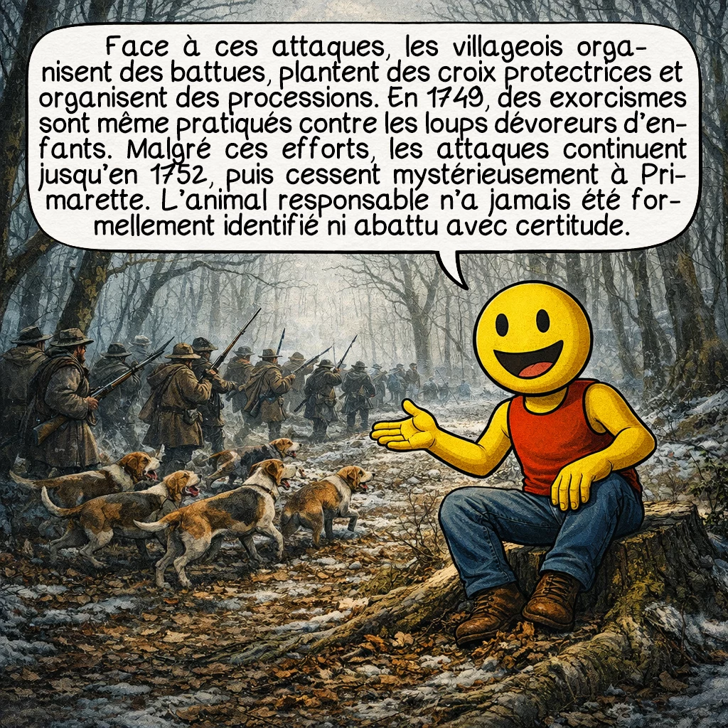 La bête de Primarette, case 7 : Face à ces attaques, les villageois organisent des battues, plantent des croix protectrices et organisent des processions. En 1749, des exorcismes sont même pratiqués contre les loups dévoreurs d’enfants. Malgré ces efforts, les attaques continuent jusqu’en 1752, puis cessent mystérieusement à Primarette. L’animal responsable n’a jamais été formellement identifié ni abattu avec certitude.