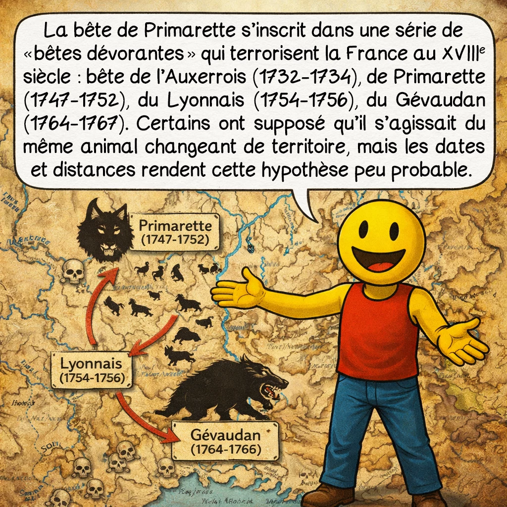 La bête de Primarette, case 8 : La bête de Primarette s’inscrit dans une série de « bêtes dévorantes » qui terrorisent la France au XVIIIe siècle : bête de l’Auxerrois (1732-1734), de Primarette (1747-1752), du Lyonnais (1754-1756), du Gévaudan (1764-1767). Certains ont supposé qu’il s’agissait du même animal changeant de territoire, mais les dates et distances rendent cette hypothèse peu probable.