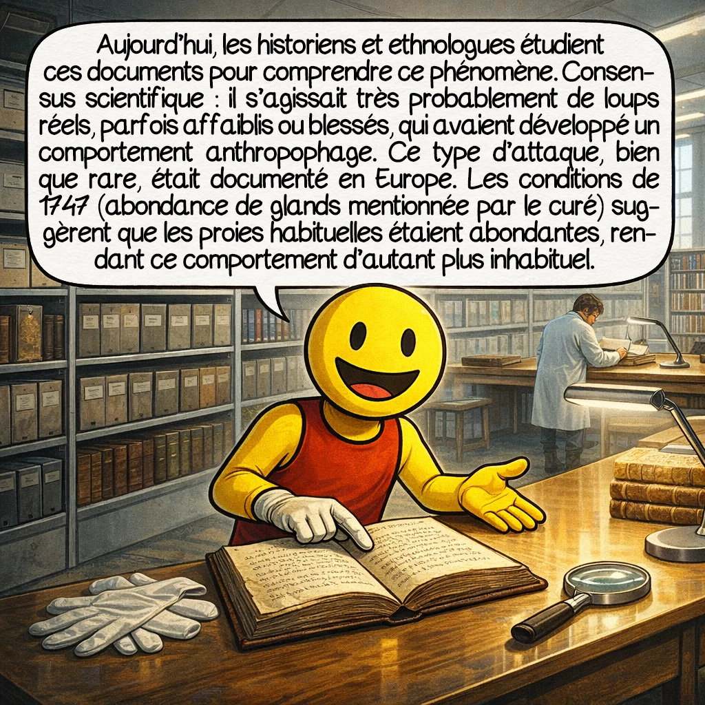 La bête de Primarette, case 9 : Aujourd’hui, les historiens et ethnologues étudient ces documents pour comprendre ce phénomène. Consensus scientifique : il s’agissait très probablement de loups réels, parfois affaiblis ou blessés, qui avaient développé un comportement anthropophage. Ce type d’attaque, bien que rare, était documenté en Europe. Les conditions de 1747 (abondance de glands mentionnée par le curé) suggèrent que les proies habituelles étaient abondantes, rendant ce comportement d’autant plus inhabituel.