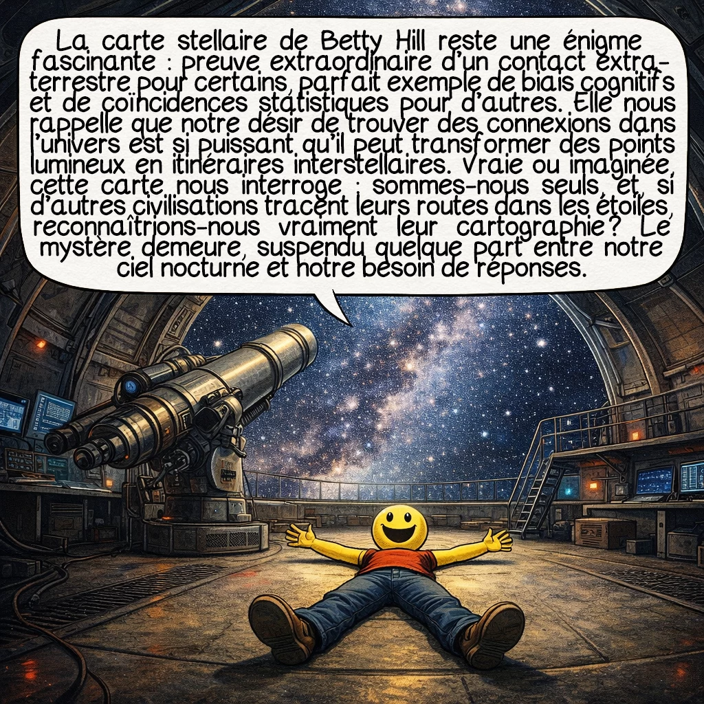 La carte stellaire de Betty Hill, case 10 : La carte stellaire de Betty Hill reste une énigme fascinante : preuve extraordinaire d’un contact extraterrestre pour certains, parfait exemple de biais cognitifs et de coïncidences statistiques pour d’autres. Elle nous rappelle que notre désir de trouver des connexions dans l’univers est si puissant qu’il peut transformer des points lumineux en itinéraires interstellaires. Vraie ou imaginée, cette carte nous interroge : sommes-nous seuls, et, si d’autres civilisations tracent leurs routes dans les étoiles, reconnaîtrions-nous vraiment leur cartographie ? Le mystère demeure, suspendu quelque part entre notre ciel nocturne et notre besoin de réponses.