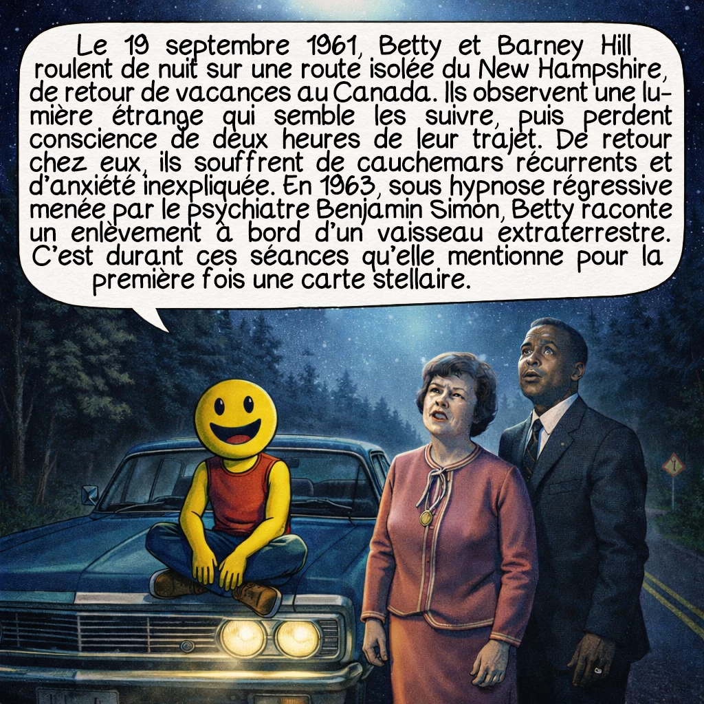 La carte stellaire de Betty Hill, case 2 : Le 19 septembre 1961, Betty et Barney Hill roulent de nuit sur une route isolée du New Hampshire, de retour de vacances au Canada. Ils observent une lumière étrange qui semble les suivre, puis perdent conscience de deux heures de leur trajet. De retour chez eux, ils souffrent de cauchemars récurrents et d’anxiété inexpliquée. En 1963, sous hypnose régressive menée par le psychiatre Benjamin Simon, Betty raconte un enlèvement à bord d’un vaisseau extraterrestre. C’est durant ces séances qu’elle mentionne pour la première fois une carte stellaire.
