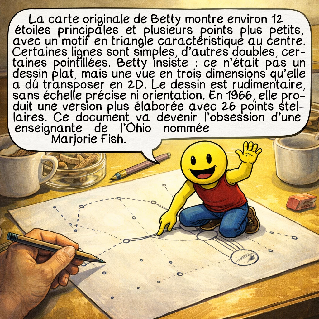 La carte stellaire de Betty Hill, case 4 : La carte originale de Betty montre environ 12 étoiles principales et plusieurs points plus petits, avec un motif en triangle caractéristique au centre. Certaines lignes sont simples, d’autres doubles, certaines pointillées. Betty insiste : ce n’était pas un dessin plat, mais une vue en trois dimensions qu’elle a dû transposer en 2D. Le dessin est rudimentaire, sans échelle précise ni orientation. En 1966, elle produit une version plus élaborée avec 26 points stellaires. Ce document va devenir l’obsession d’une enseignante de l’Ohio nommée Marjorie Fish.
