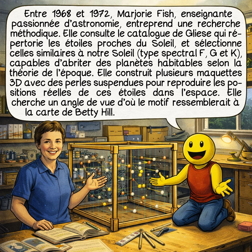 La carte stellaire de Betty Hill, case 5 : Entre 1968 et 1972, Marjorie Fish, enseignante passionnée d’astronomie, entreprend une recherche méthodique. Elle consulte le catalogue de Gliese qui répertorie les étoiles proches du Soleil, et sélectionne celles similaires à notre Soleil (type spectral F, G et K), capables d’abriter des planètes habitables selon la théorie de l’époque. Elle construit plusieurs maquettes 3D avec des perles suspendues pour reproduire les positions réelles de ces étoiles dans l’espace. Elle cherche un angle de vue d’où le motif ressemblerait à la carte de Betty Hill.