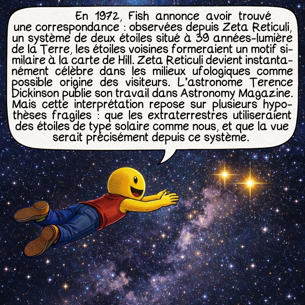 La carte stellaire de Betty Hill, case 6 : En 1972, Fish annonce avoir trouvé une correspondance : observées depuis Zeta Reticuli, un système de deux étoiles situé à 39 années-lumière de la Terre, les étoiles voisines formeraient un motif similaire à la carte de Hill. Zeta Reticuli devient instantanément célèbre dans les milieux ufologiques comme possible origine des visiteurs. L’astronome Terence Dickinson publie son travail dans Astronomy Magazine. Mais cette interprétation repose sur plusieurs hypothèses fragiles : que les extraterrestres utiliseraient des étoiles de type solaire comme nous, et que la vue serait précisément depuis ce système.