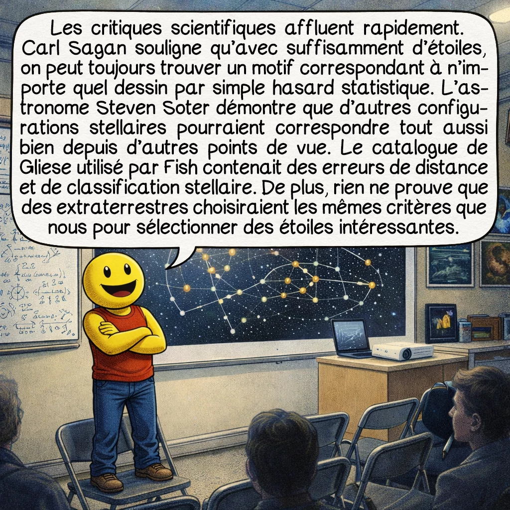 La carte stellaire de Betty Hill, case 7 : Les critiques scientifiques affluent rapidement. Carl Sagan souligne qu’avec suffisamment d’étoiles, on peut toujours trouver un motif correspondant à n’importe quel dessin par simple hasard statistique. L’astronome Steven Soter démontre que d’autres configurations stellaires pourraient correspondre tout aussi bien depuis d’autres points de vue. Le catalogue de Gliese utilisé par Fish contenait des erreurs de distance et de classification stellaire. De plus, rien ne prouve que des extraterrestres choisiraient les mêmes critères que nous pour sélectionner des étoiles intéressantes.