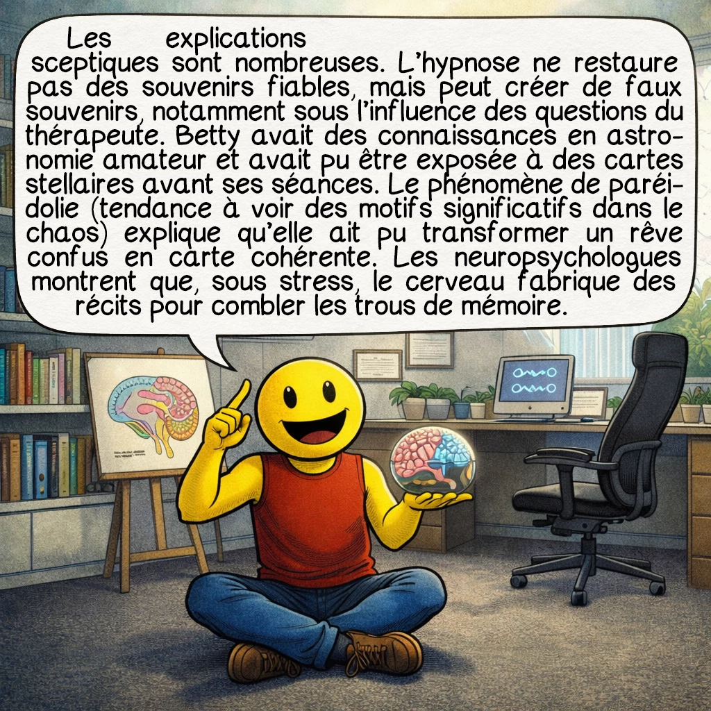 La carte stellaire de Betty Hill, case 8 : Les explications sceptiques sont nombreuses. L’hypnose ne restaure pas des souvenirs fiables, mais peut créer de faux souvenirs, notamment sous l’influence des questions du thérapeute. Betty avait des connaissances en astronomie amateur et avait pu être exposée à des cartes stellaires avant ses séances. Le phénomène de paréidolie (tendance à voir des motifs significatifs dans le chaos) explique qu’elle ait pu transformer un rêve confus en carte cohérente. Les neuropsychologues montrent que, sous stress, le cerveau fabrique des récits pour combler les trous de mémoire.