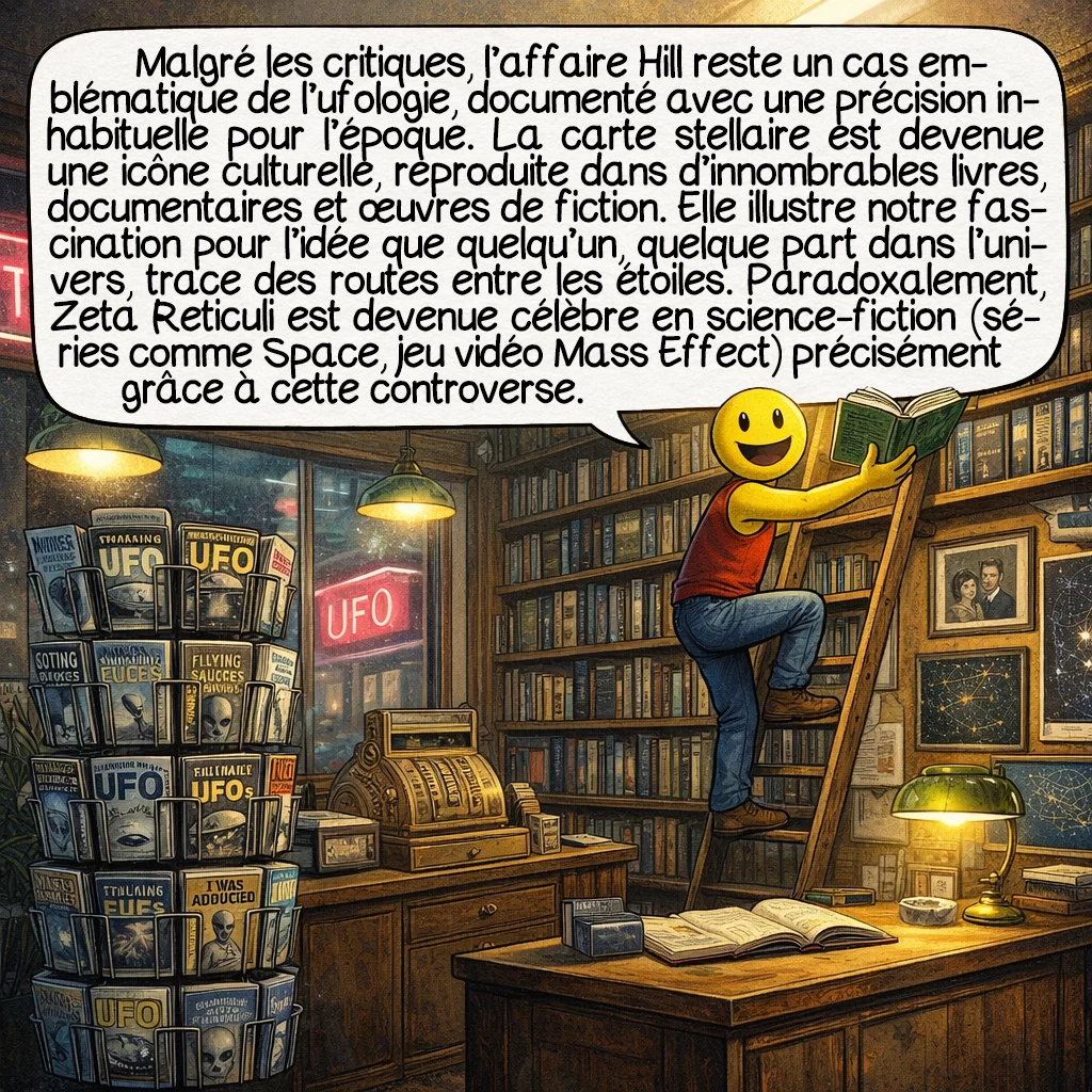 La carte stellaire de Betty Hill, case 9 : Malgré les critiques, l’affaire Hill reste un cas emblématique de l’ufologie, documenté avec une précision inhabituelle pour l’époque. La carte stellaire est devenue une icône culturelle, reproduite dans d’innombrables livres, documentaires et œuvres de fiction. Elle illustre notre fascination pour l’idée que quelqu’un, quelque part dans l’univers, trace des routes entre les étoiles. Paradoxalement, Zeta Reticuli est devenue célèbre en science-fiction (séries comme Space, jeu vidéo Mass Effect) précisément grâce à cette controverse.