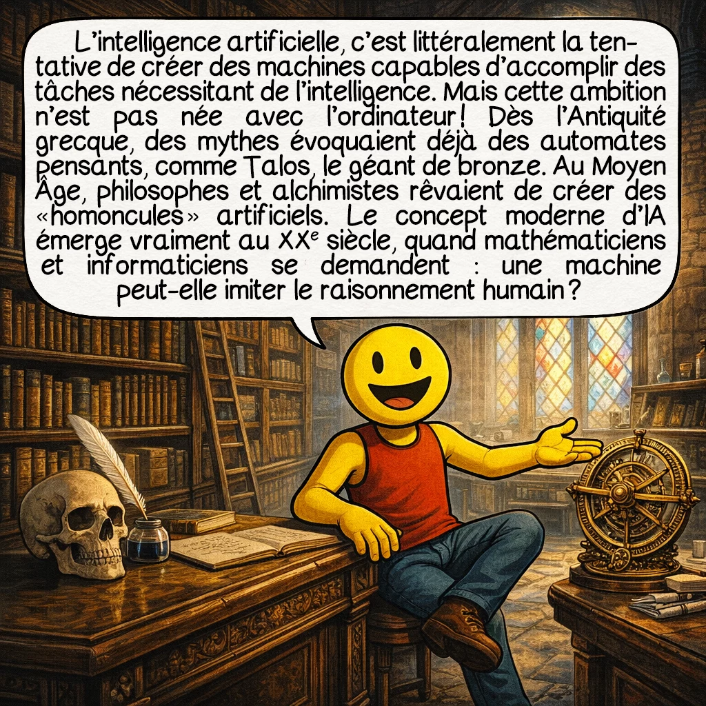 L'intelligence artificielle, case 2 : L’intelligence artificielle, c’est littéralement la tentative de créer des machines capables d’accomplir des tâches nécessitant de l’intelligence. Mais cette ambition n’est pas née avec l’ordinateur ! Dès l’Antiquité grecque, des mythes évoquaient déjà des automates pensants, comme Talos, le géant de bronze. Au Moyen Âge, philosophes et alchimistes rêvaient de créer des « homoncules » artificiels. Le concept moderne d’IA émerge vraiment au XXe siècle, quand mathématiciens et informaticiens se demandent : une machine peut-elle imiter le raisonnement humain ?