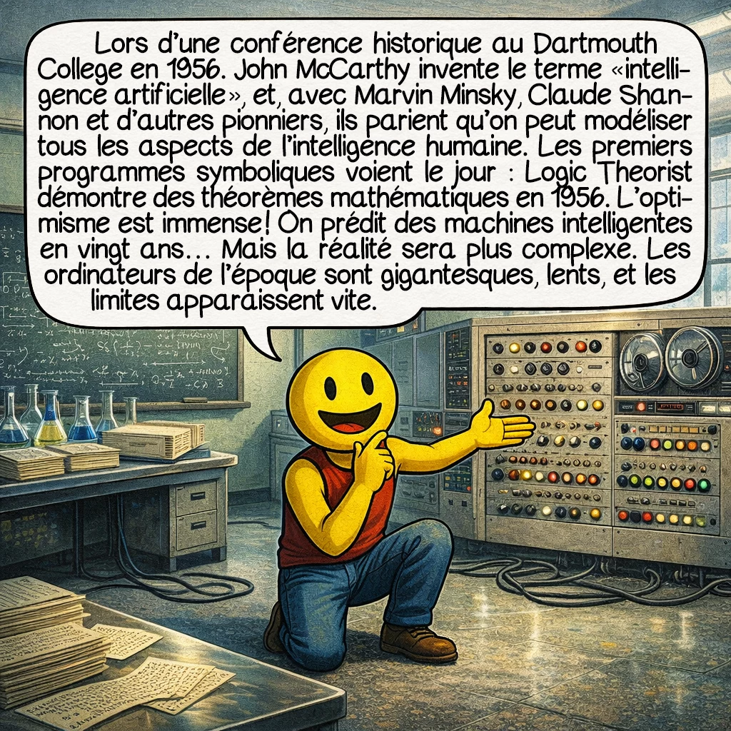L'intelligence artificielle, case 3 : Lors d’une conférence historique au Dartmouth College en 1956. John McCarthy invente le terme « intelligence artificielle », et, avec Marvin Minsky, Claude Shannon et d’autres pionniers, ils parient qu’on peut modéliser tous les aspects de l’intelligence humaine. Les premiers programmes symboliques voient le jour : Logic Theorist démontre des théorèmes mathématiques en 1956. L’optimisme est immense ! On prédit des machines intelligentes en vingt ans… Mais la réalité sera plus complexe. Les ordinateurs de l’époque sont gigantesques, lents, et les limites apparaissent vite.