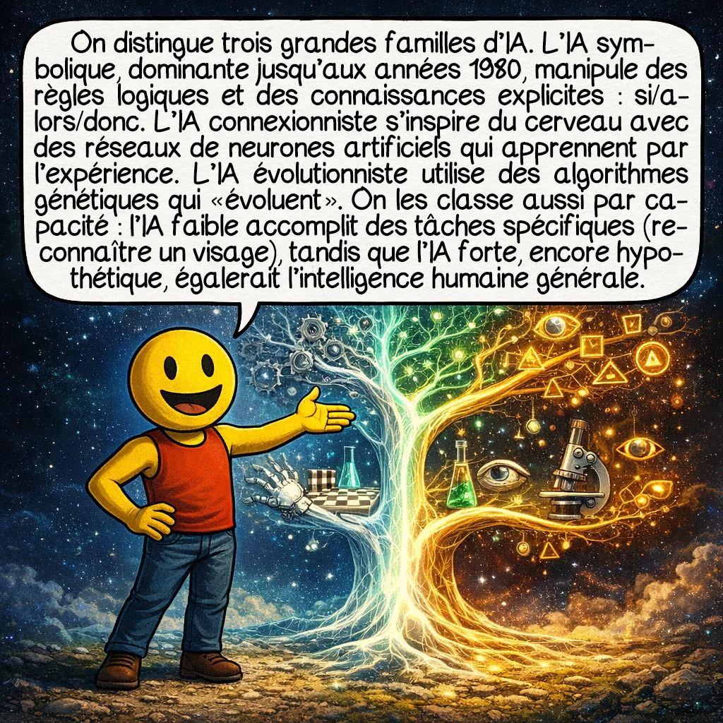 L'intelligence artificielle, case 4 : On distingue trois grandes familles d’IA. L’IA symbolique, dominante jusqu’aux années 1980, manipule des règles logiques et des connaissances explicites : si/alors/donc. L’IA connexionniste s’inspire du cerveau avec des réseaux de neurones artificiels qui apprennent par l’expérience. L’IA évolutionniste utilise des algorithmes génétiques qui « évoluent ». On les classe aussi par capacité : l’IA faible accomplit des tâches spécifiques (reconnaître un visage), tandis que l’IA forte, encore hypothétique, égalerait l’intelligence humaine générale.