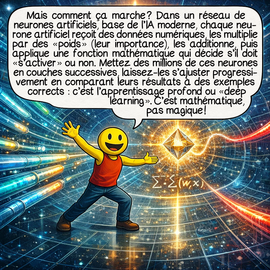 L'intelligence artificielle, case 5 : Mais comment ça marche ? Dans un réseau de neurones artificiels, base de l’IA moderne, chaque neurone artificiel reçoit des données numériques, les multiplie par des « poids » (leur importance), les additionne, puis applique une fonction mathématique qui décide s’il doit « s’activer » ou non. Mettez des millions de ces neurones en couches successives, laissez-les s’ajuster progressivement en comparant leurs résultats à des exemples corrects : c’est l’apprentissage profond ou « deep learning ». C’est mathématique, pas magique !