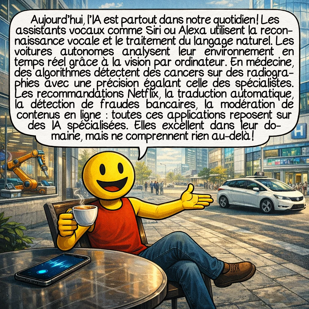 L'intelligence artificielle, case 6 : Aujourd’hui, l’IA est partout dans notre quotidien ! Les assistants vocaux comme Siri ou Alexa utilisent la reconnaissance vocale et le traitement du langage naturel. Les voitures autonomes analysent leur environnement en temps réel grâce à la vision par ordinateur. En médecine, des algorithmes détectent des cancers sur des radiographies avec une précision égalant celle des spécialistes. Les recommandations Netflix, la traduction automatique, la détection de fraudes bancaires, la modération de contenus en ligne : toutes ces applications reposent sur des IA spécialisées. Elles excellent dans leur domaine, mais ne comprennent rien au-delà !
