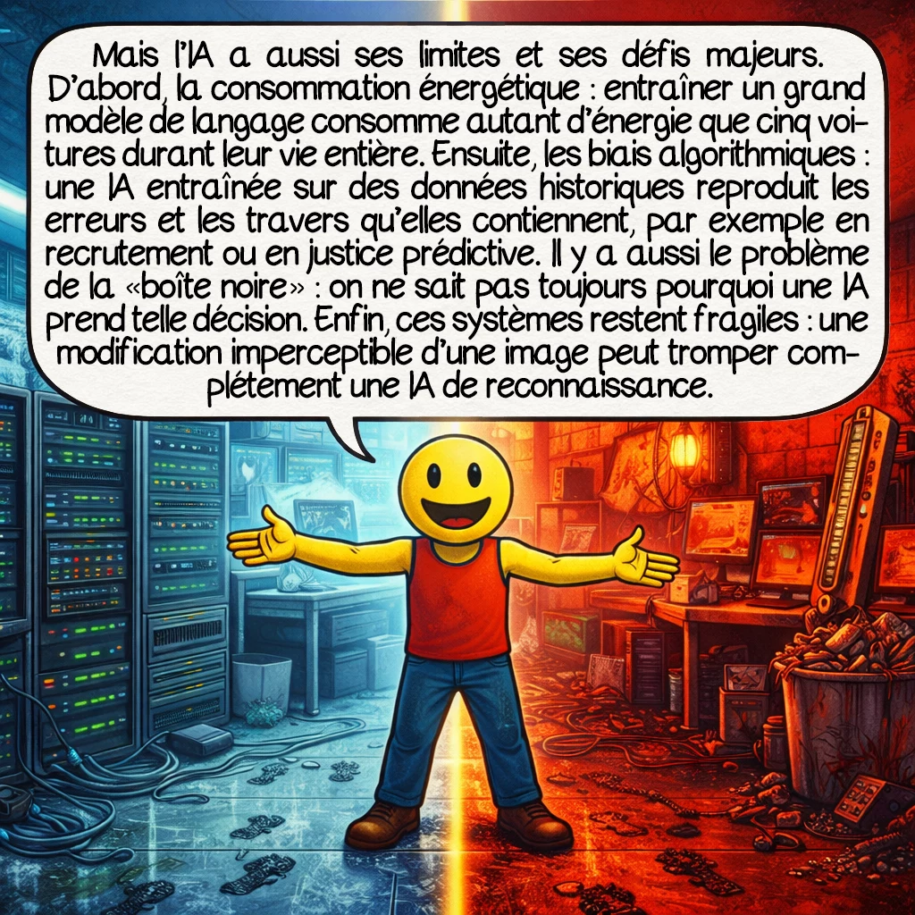 L'intelligence artificielle, case 7 : Mais l’IA a aussi ses limites et ses défis majeurs. D’abord, la consommation énergétique : entraîner un grand modèle de langage consomme autant d’énergie que cinq voitures durant leur vie entière. Ensuite, les biais algorithmiques : une IA entraînée sur des données historiques reproduit les erreurs et les travers qu’elles contiennent, par exemple en recrutement ou en justice prédictive. Il y a aussi le problème de la « boîte noire » : on ne sait pas toujours pourquoi une IA prend telle décision. Enfin, ces systèmes restent fragiles : une modification imperceptible d’une image peut tromper complétement une IA de reconnaissance.