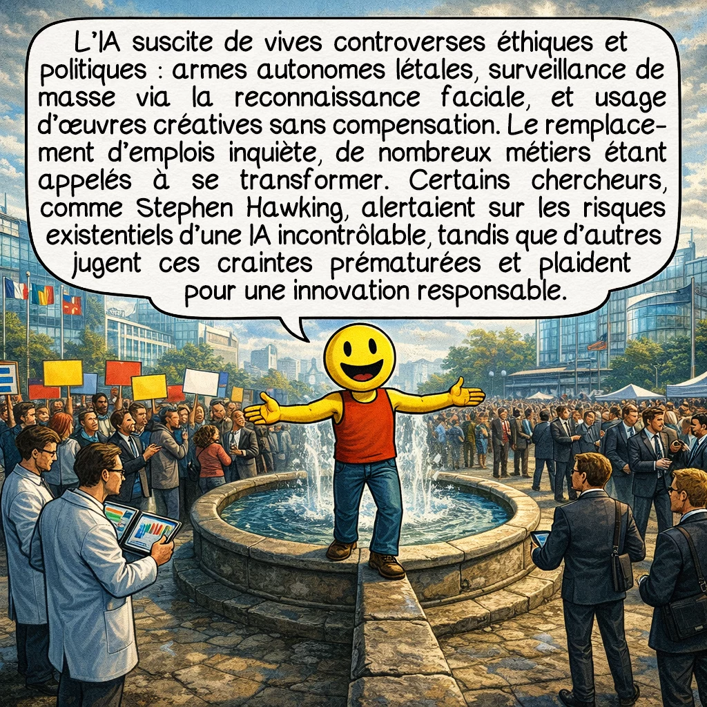 L'intelligence artificielle, case 8 : L’IA suscite de vives controverses éthiques et politiques. Faut-il interdire les armes autonomes létales ? Comment réguler la surveillance de masse rendue possible par la reconnaissance faciale ? Les créateurs de contenus artistiques s’inquiètent : des IA génèrent images, textes et musiques en s’entraînant sur leurs œuvres sans compensation. Le remplacement d’emplois inquiète : conducteurs, radiologues, traducteurs verront leurs métiers transformés. Certains chercheurs, comme le regretté Stephen Hawking, alertaient sur les risques existentiels d’une IA super-intelligente incontrôlable. D’autres estiment ces craintes prématurées, plaidant pour une innovation responsable.