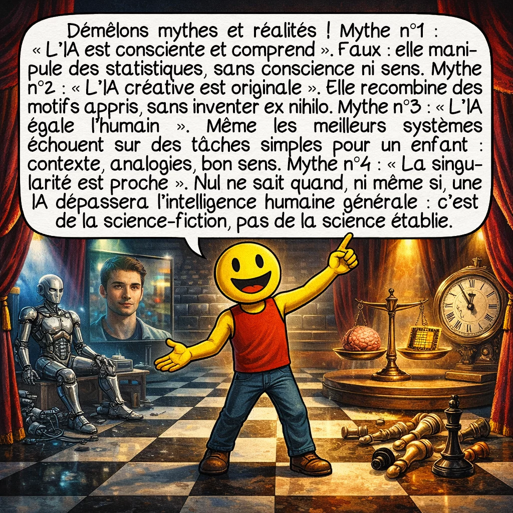 L'intelligence artificielle, case 9 : Démêlons maintenant mythes et réalités ! Mythe numéro un : « L’IA est consciente et comprend vraiment ». Faux : elle manipule des statistiques sans conscience ni compréhension du sens. Mythe deux : « L’IA créative est originale ». Elle recompose des motifs appris, elle n’invente pas ex nihilo. Mythe trois : « L’IA égale déjà l’humain ». Même les meilleurs systèmes échouent sur des tâches simples pour un enfant : comprendre le contexte, raisonner par analogie complexe, faire preuve de bon sens. Mythe quatre : « La singularité technologique est pour bientôt ». Personne ne sait quand ni si une IA dépassera l’intelligence humaine générale. C’est de la science-fiction, pas de la science établie !