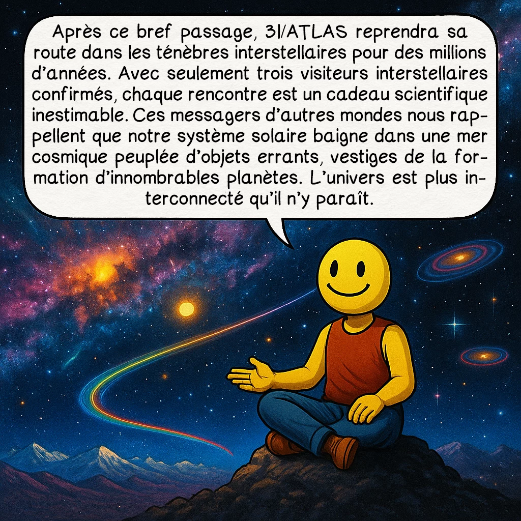 3I-ATLAS, case 10 : Après ce bref passage, 3I/ATLAS reprendra sa route dans les ténèbres interstellaires pour des millions d’années. Avec seulement trois visiteurs interstellaires confirmés, chaque rencontre est un cadeau scientifique inestimable. Ces messagers d’autres mondes nous rappellent que notre système solaire baigne dans une mer cosmique peuplée d’objets errants, vestiges de la formation d’innombrables planètes. L’univers est plus interconnecté qu’il n’y paraît.
